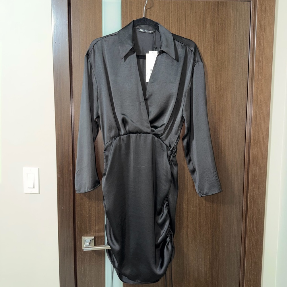 Zara Black Satin Shirt Dress